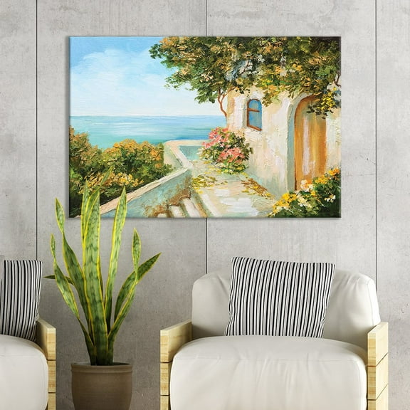 wall26 Canvas Wall Art of European Villa with Greenery Overlooking Ocean Oil Painting | 16" x 24"