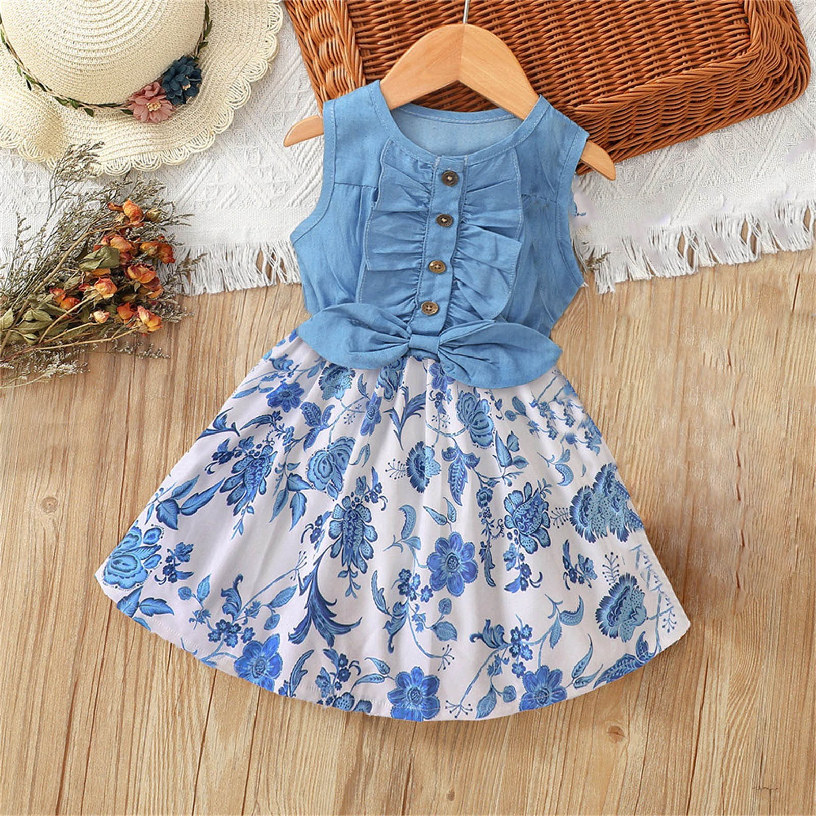 Fashion Clothes for Girls 2 to 7 Years Old Children's Summer Outfit Denim Patchwork Printed Vest Dress School
