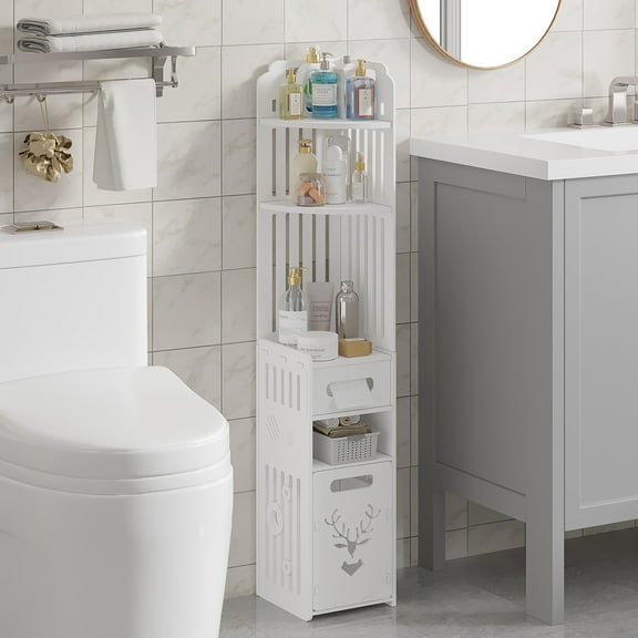 VECELO Bathroom Cabinet, Multi-Layer Corner Storage Cabinet with Toilet Paper Holder and Trash Bucket, Narrow Floor Standing Triangle Shelf for Small Space, White