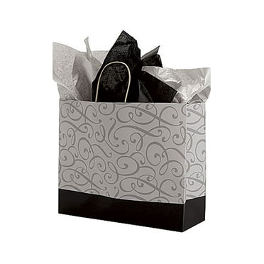SSWBasics Large Black and Silver Swirl Paper Shopping Bags - 16”L x 6”D x 12 ½”H - Case of 100