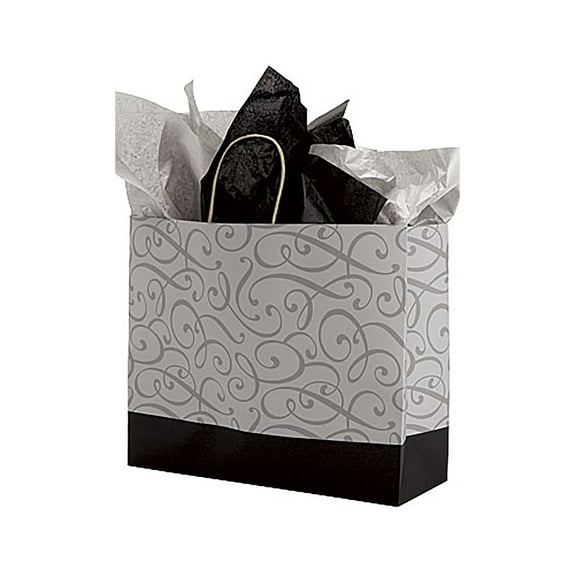 SSWBasics Large Black and Silver Swirl Paper Shopping Bags - 16”L x 6”D x 12 ½”H - Case of 100