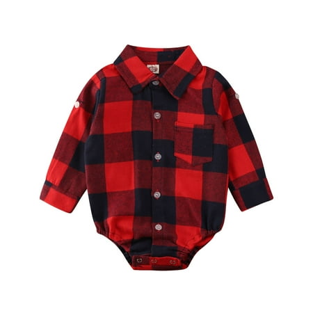 

Canrulo Newborn Baby Boys Girls Fall Winter Clothes Plaids Tops Long Sleeve Romper Outfits Red 6-12 Months