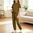 thumbnail image 2 of Bovxnpu Girls Sleepwear 2 Piece Loungewear Set Ribbed Short Sleeve Top and Elastic Cuffed Pants Loungewear Outfits Set, 2 of 7