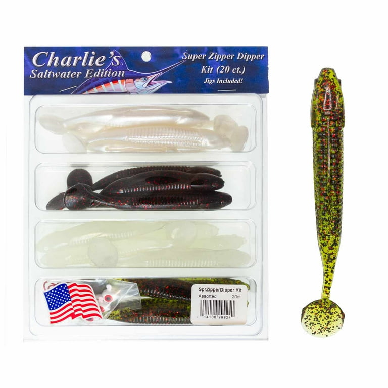 Charlie's Worms Super Zipper Dipper Kit Artificial Fishing Bait for  Freshwater Saltwater and Bass Fishing Lures Scented Softbait 20 Piece kit