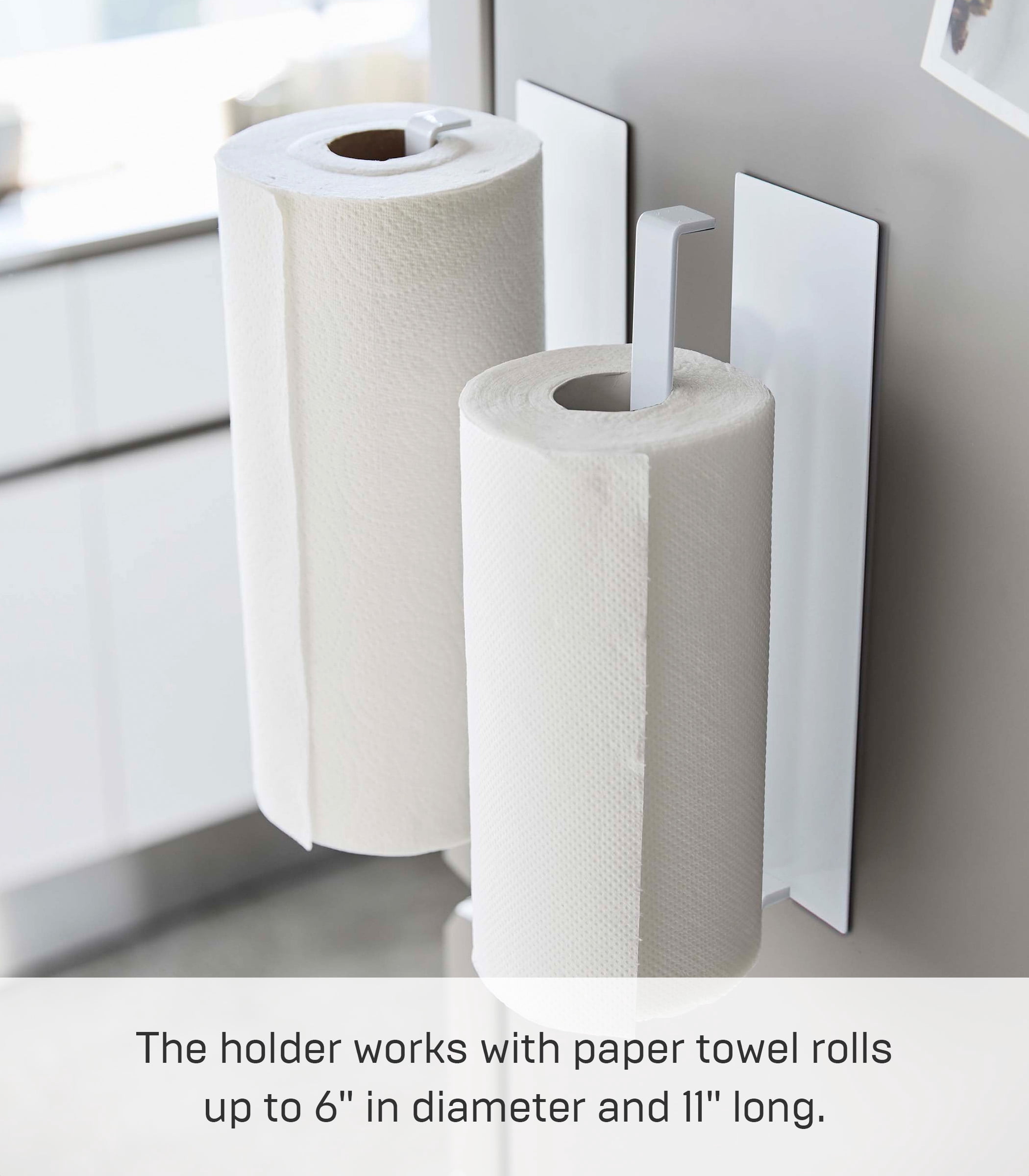Yamazaki Home  Magnetic Paper Towel Holder, Steel, Holds 2.2 lbs - L 2.95 x W 3.15 x H  11.42 inches White