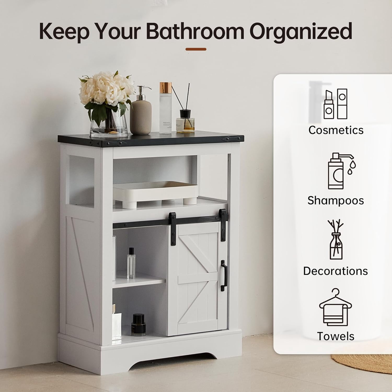 JINSEED Bathroom Floor Cabinet,Farmhouse Storage Cabinet w/ Sliding Barn Door&Storage Drawers,White