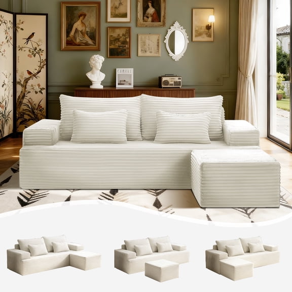 Modular Sectional Cloud Couch with Movable Ottoman Chaise Longue, L Shaped Sectional Couches for Living Room, Corduroy Deep Seat Boneless Sofa, No Assembly Required, Beige