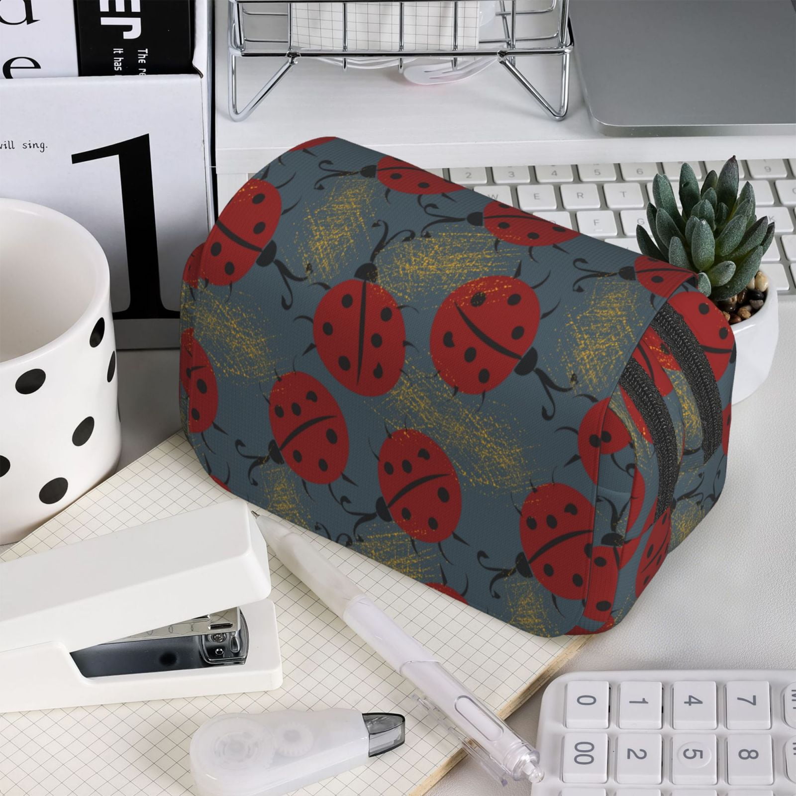 Rateoe Ladybug Pattern Double Clamshell Pen Case, Storage Organizer with Two Zipper Compartments– Holds Up to 50 Pencils & Pens