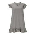 thumbnail image 4 of SYMOID Womens Solid V Neck Short Sleeve Mini Casual Summer Dress with Ruffle Hem,Gray,Size S, 4 of 7