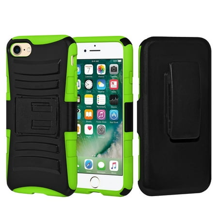 Neon Green Iphone 4 Case iPhone 7 Case Tempered Glass Combo Kit, Rugged TUFF Hybrid Dual Layer Hard Defender Case with Belt Clip Holster and Premium Protective Shockproof Screen Guard for iPhone 7 Black/ Neon Green ()