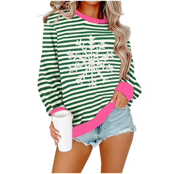 Cavosen Christmas Christmas Pullover Sweaters Crew Neck Long Sleeve Ugly Pullover Stripe Solid Stretch Drop Shoulder Blouses Party Shirt Tops