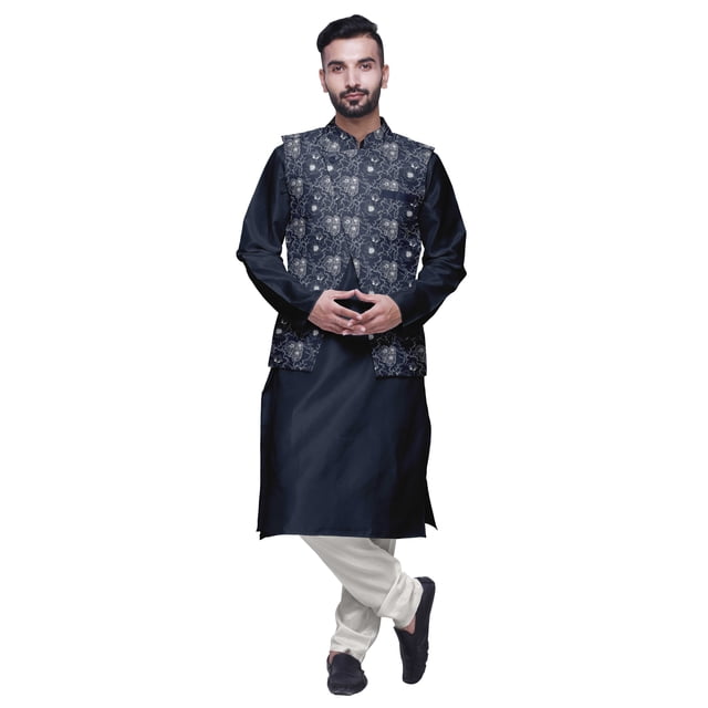 Atasi Men Mandarin Collar Solid Kurta Churidar Pajama & Printed Nehru Jacket Set