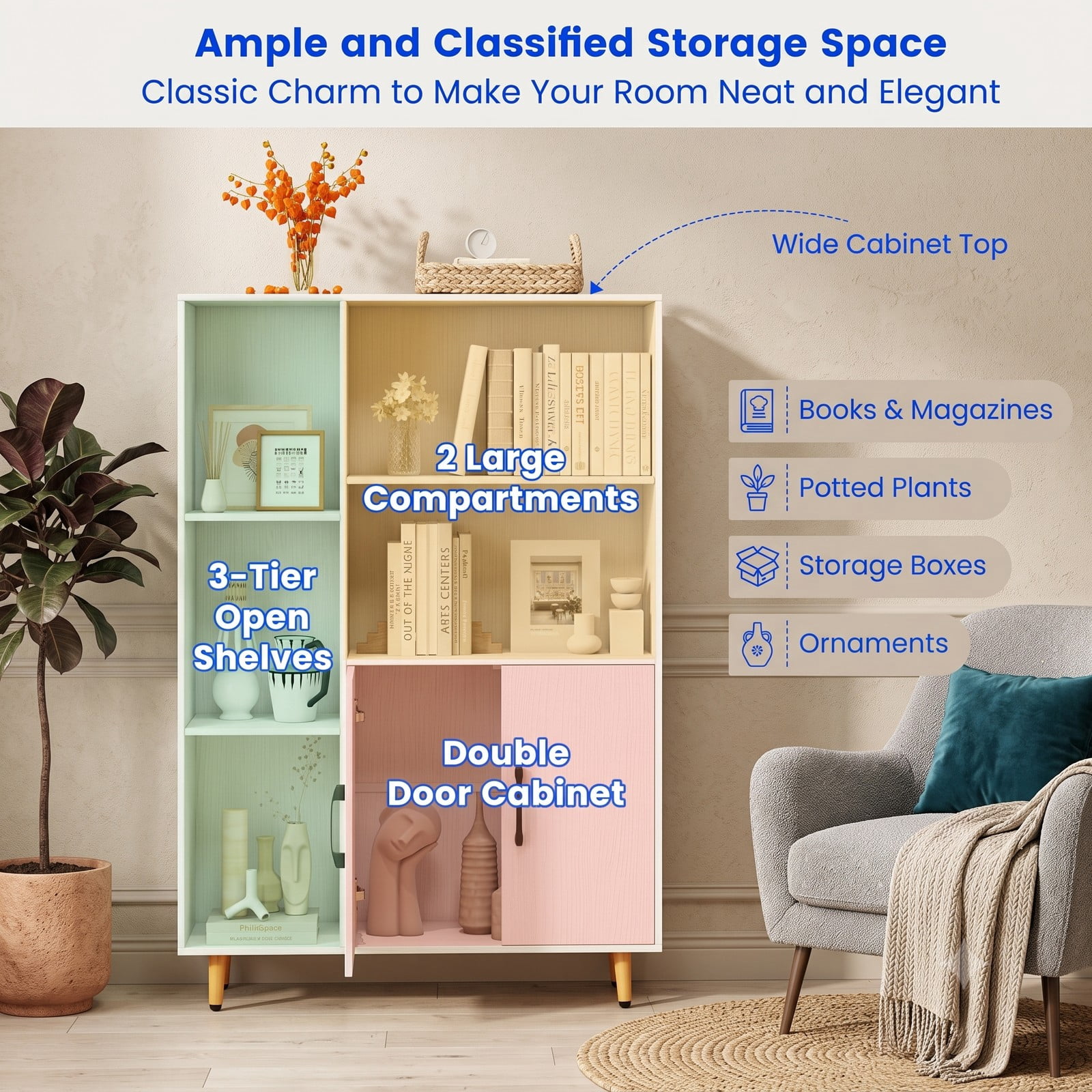 Furnibear Free Standing Pantry Cabinet with 2-Door Cabinet and 5 Open Shelves, Modern Storage Bookcase Organizer with Metal Legs for Kitchen Living Room Study, White
