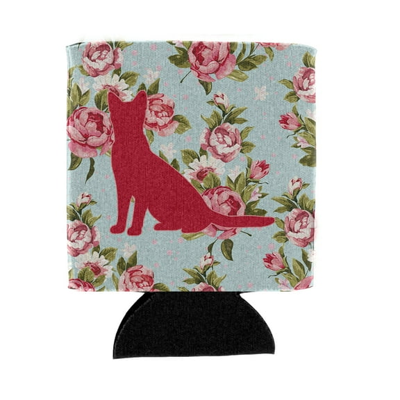 Cat Shabby Chic Blue Roses Can or Bottle Hugger Blue