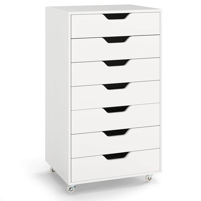 Costway 7-Drawer Chest Mobile File Cabinet Vertical Filing Organizer with Lockable Wheels White