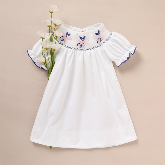 ZEHJUHAN Toddler Girls' Bunny Embroidered Dress, Ruffle Puff Sleeve A-Line Party Dress with Back Buttons White,18-24M