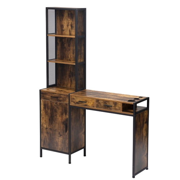 Barber Station Wall Mount Salon Hair Styling Beauty Spa Equipment with 3 Drawers, 1 Storage Cabinet, 3 Open Shelves,Rustic Brown