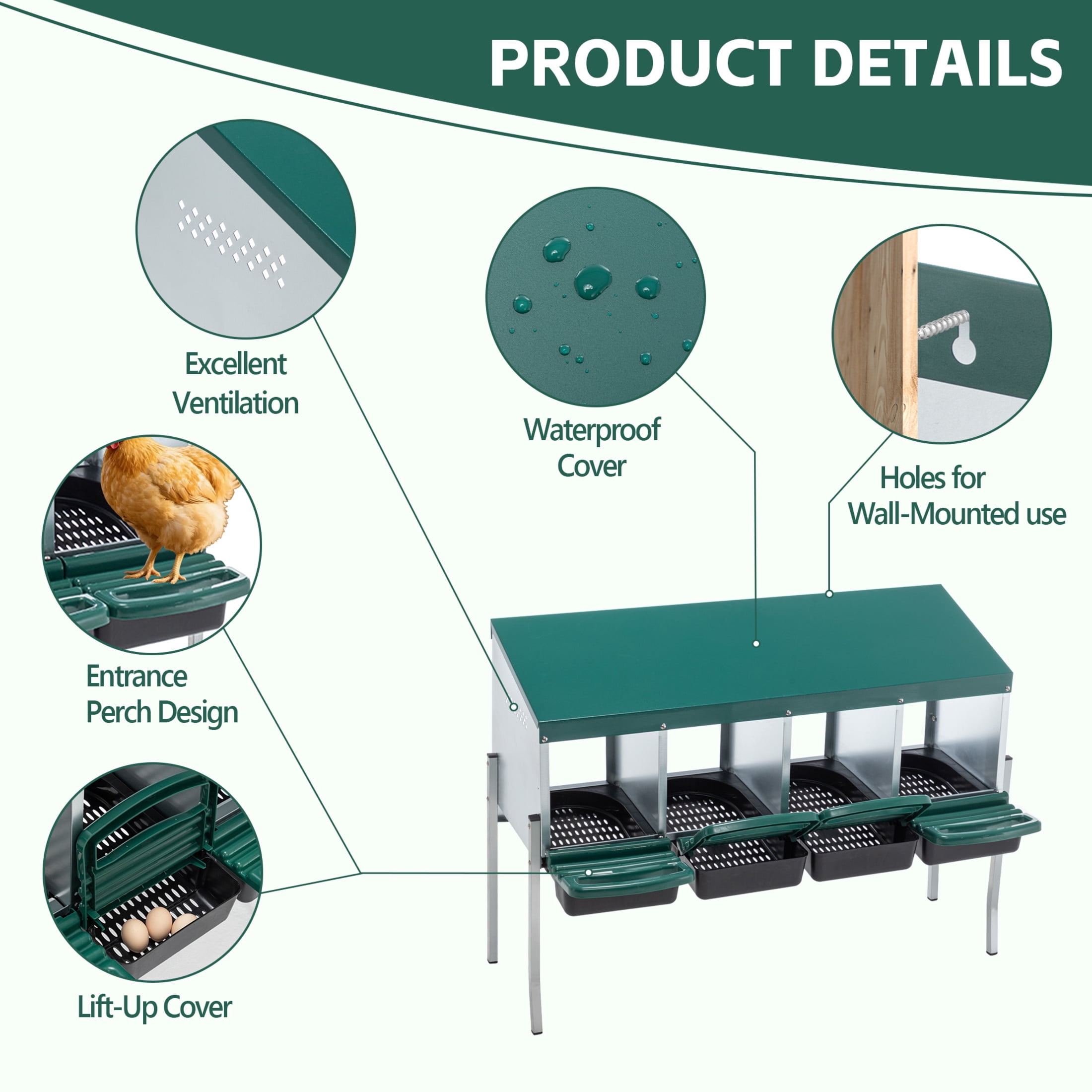 Noble House 4-Hole Outdoor Steel Chicken Nesting Box with Legs and Egg Collection Tray, Hens Laying Box, Green