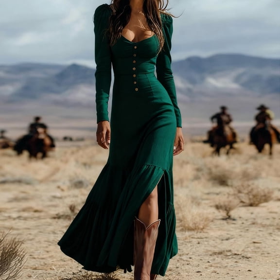 ClodeEU Women's Long Sleeve Square Neck Western Side Slit Maxi Dress,Trendy Travel Long Dress Army Green,Womens Plus XL