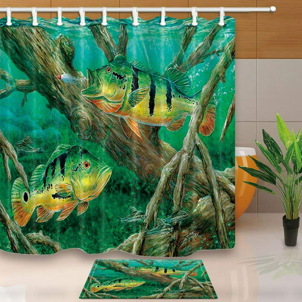 RYLABLUE Watercolor Fish Decor Fish Eating Fishing Lure with Wooden Tree in  Water Shower Curtain 66x72 inches with Floor Doormat Bath Rugs 15.7x23.6  inches 