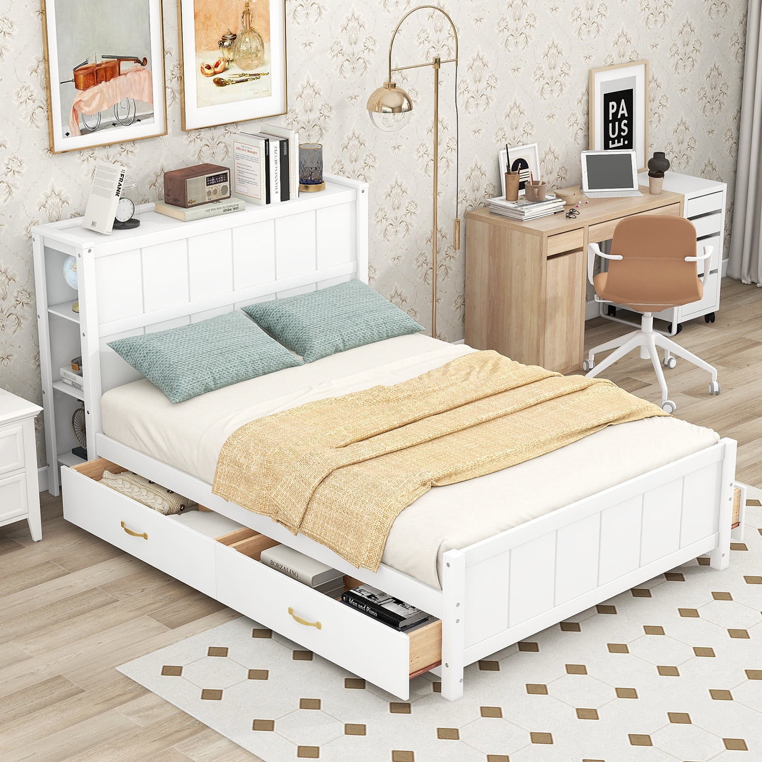 Kepooman Full Size Platform Bed Wood Bed Frame with Drawers and Storage Shelves, White Kepooman Full Size Platform Bed Wood Bed Frame with Drawers and Storage Shelves, White