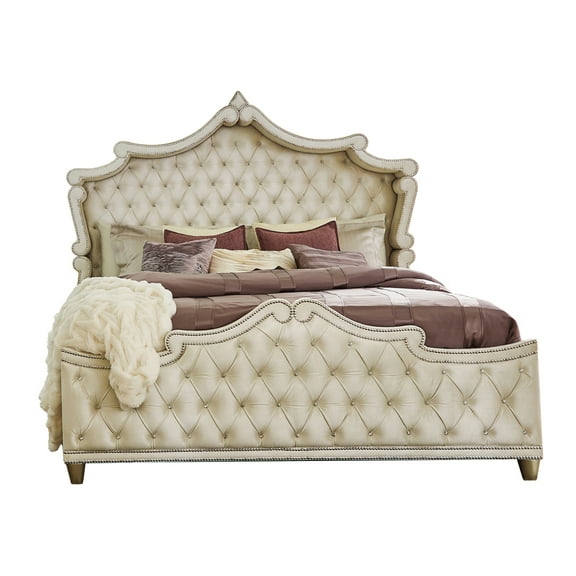 Antonella French Provincial Ivory and Camel Velvet Platform Queen Bed For Adults