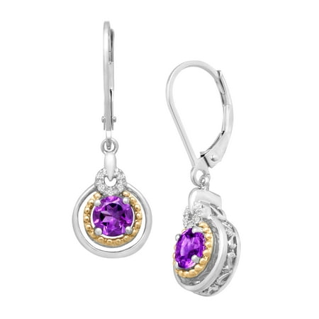 Duet 7/8 ct Natural Amethyst Drop Earrings with Diamonds in Sterling Silver and 14kt Gold