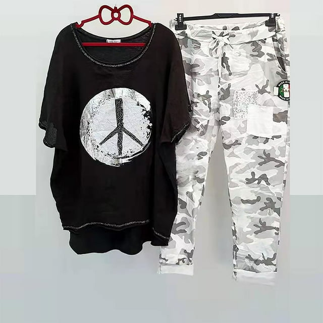 EGNMCR Ensembles 2 Pcs pour Femmes en Coton et Lin Imprimés Décontractés T-Shirts à Manches Courtes Pantalons Amples Ensembles de Détente d'Été pour Femmes