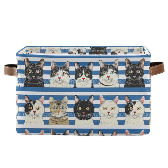 Cats with Blue White Striped Storage Bins with Handle Fabric Organizer Basket Foldable Box 1 Pack 14.2x10.2x8.3