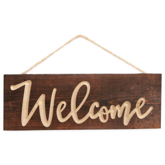 Welcome Script Brown Weathered 16 x 6 Inch Pine Wood Carved Hewed Hanging Sign