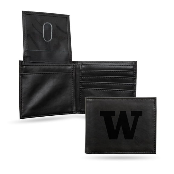 Rico Industries College Washington  Black Laser Engraved Bill-fold Wallet - Slim Design - Great Gift