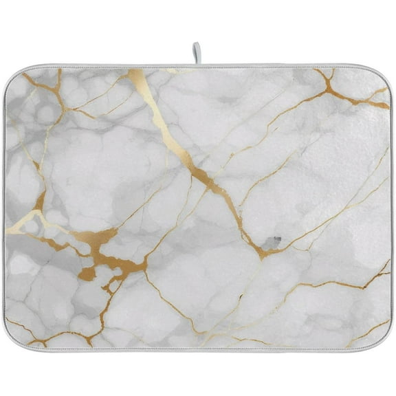 White Gold Marble Texture Dish Drying Mat for Kitchen Counter Absorbent Non-slip Heat Resistant Drainer Mats Reversible Dish Drying Pad Coffee Bar Kitchen Accessories, 18x24 Inch
