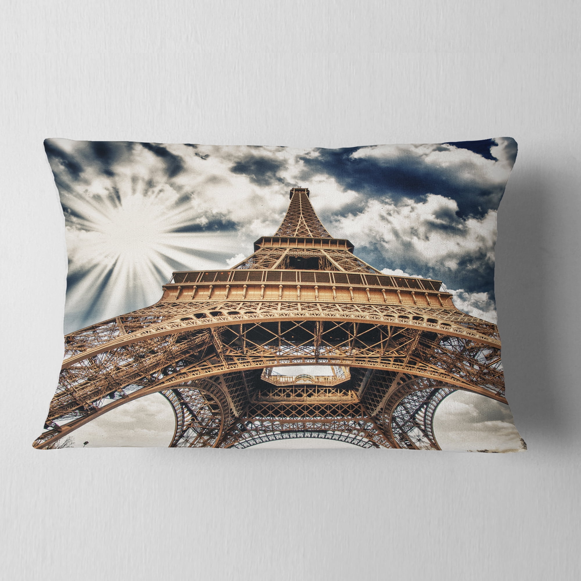 Designart Fisheye View of Paris Eiffel Tower - Cityscape Digital Throw Pillow - 12x20