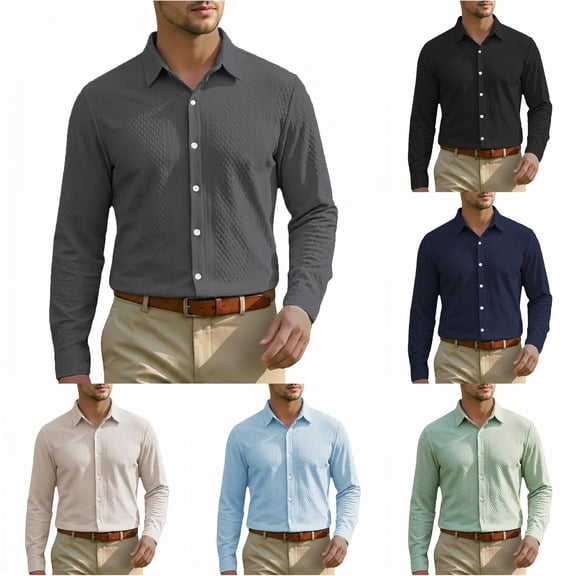 Zylarhe Mens Summer Shirts, Long Sleeve Business Shirt Lightweight Breathable Formal Wear Comfortable Dress Grey L