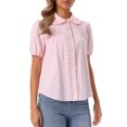 thumbnail image 4 of INSPIRE CHIC Short Sleeve Cotton Blouse for Women's Peter Pan Collar Button Up Crochet Panel Top L Light Pink, 4 of 6