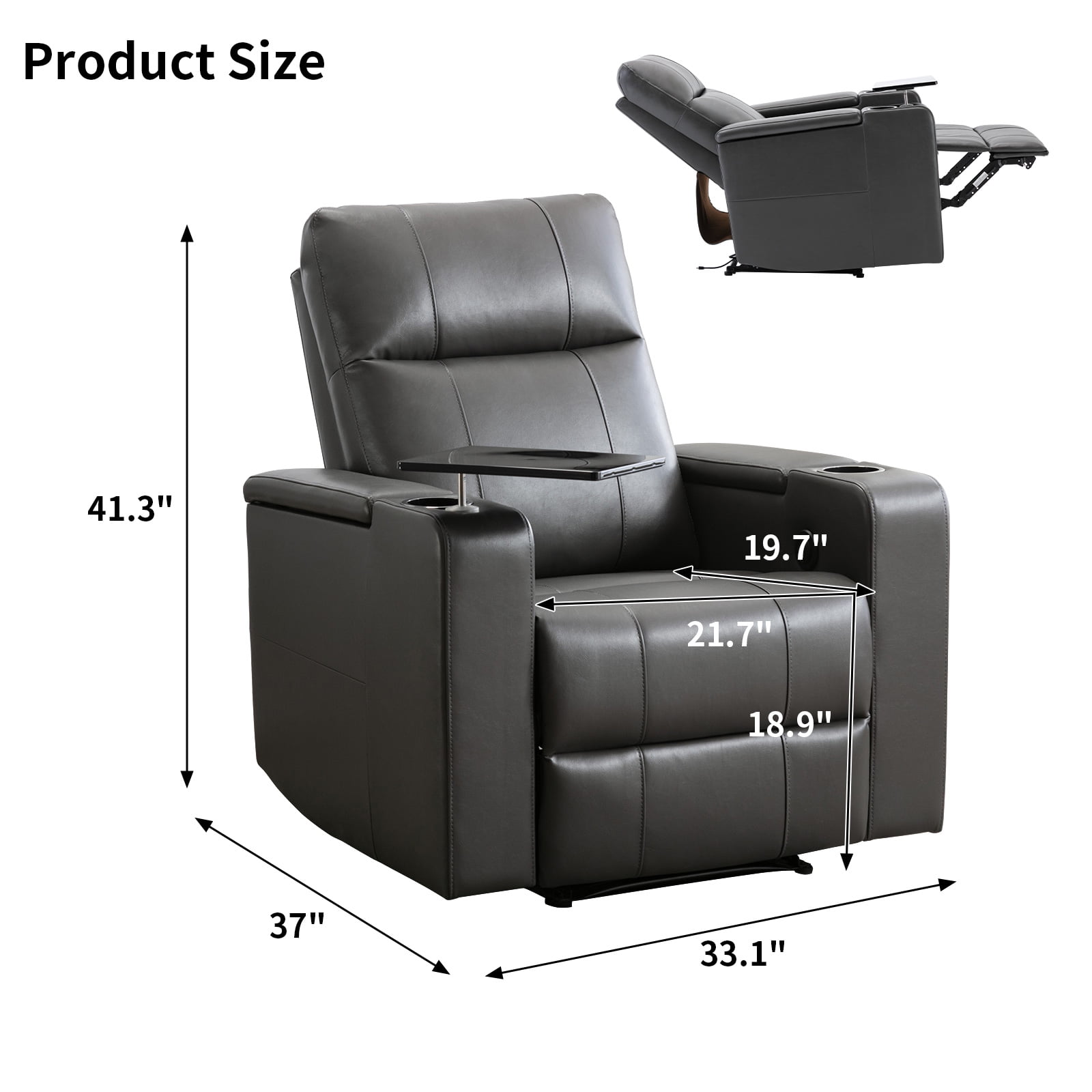 Bonzy Home Power Electric Recliner Chair, PU Leather Home Theater Seating with Cup Holders, USB Port & Hidden Storage, Single Movie Recliner for Living Room Media Room, Gray