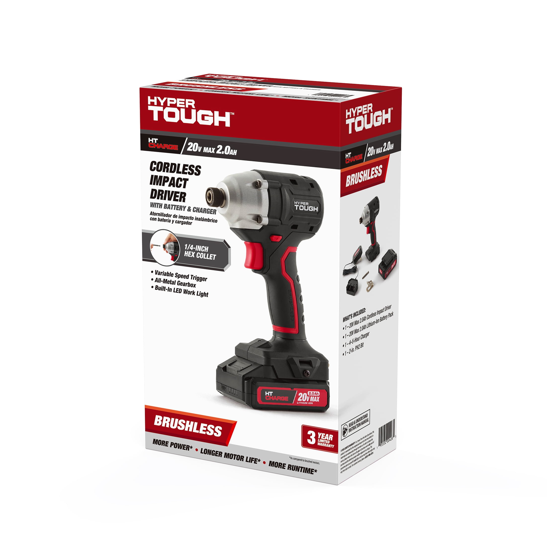Hyper Tough 20V Brushless Impact Driver with 2.0Ah Lithium-Ion Battery Pack and Charger, 1/4-inch. Hex Collet Chuck Size, 22006.2