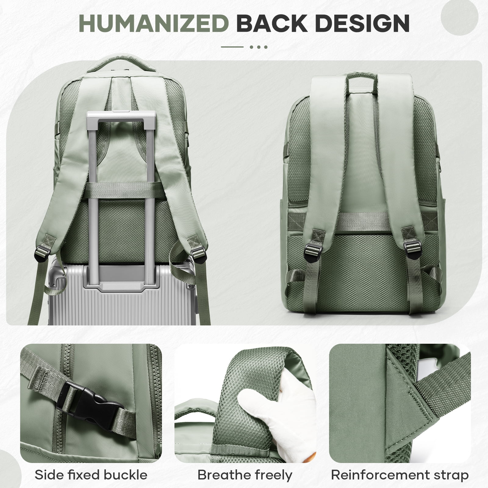 SYCNB Waterproof Lightweight Travel Backpack for Women, Laptop Backpack with Charging Port for College Student, Airline-Approved Carry On Backpack, Personal Item Travel Bag with Shoe Pouch Gray Green