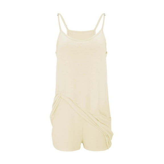 Breezora Women's Adjustable Strap Jumpsuit with Dual Pockets Casual Shorts Romper L Size Beige