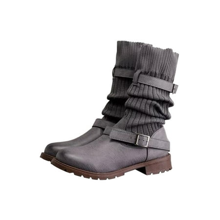 

Rotosw Ladies Mid-Calf Boots Woolen Yarn Winter Shoes Low Heel Boot Non-slip Strap Buckle Work Fashion Gray 4.5