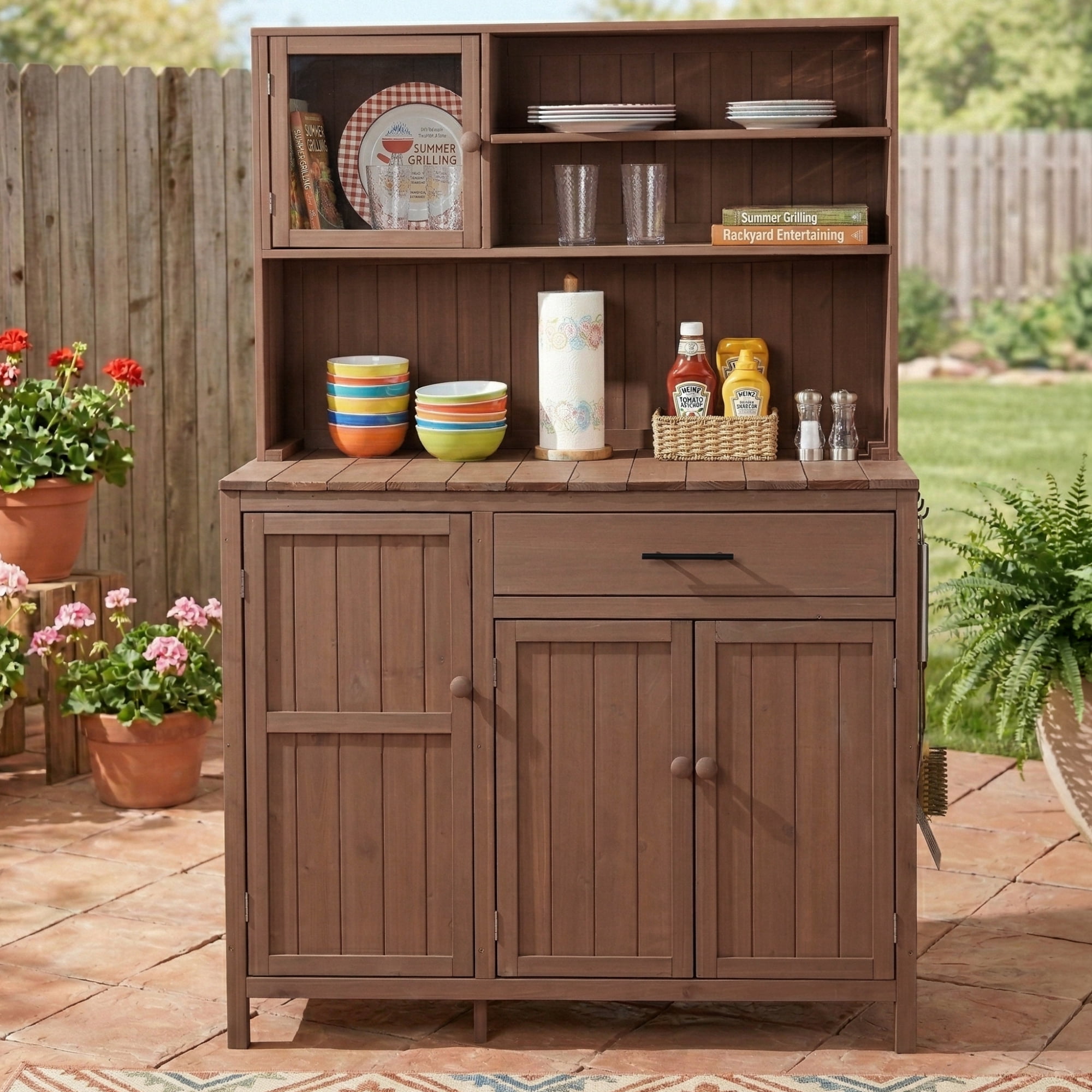Mintazer 65" Outdoor Potting Bench with Drawer & Cabinets, Garden Workstation with Hutch & Spice Rack, Patio Kitchen Island with Adjustable Shelves & Side Hook, Brown