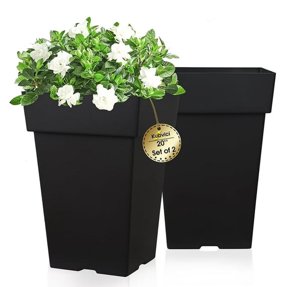 20 Inch Tall Planters for Outdoor Indoor Plants, Set of 2 Large Plastic Plant Pots Flower Pot Outdoor Planter for Front Porch Door Balcony Deck with Drainage, with Removable Wheel, Black 20"