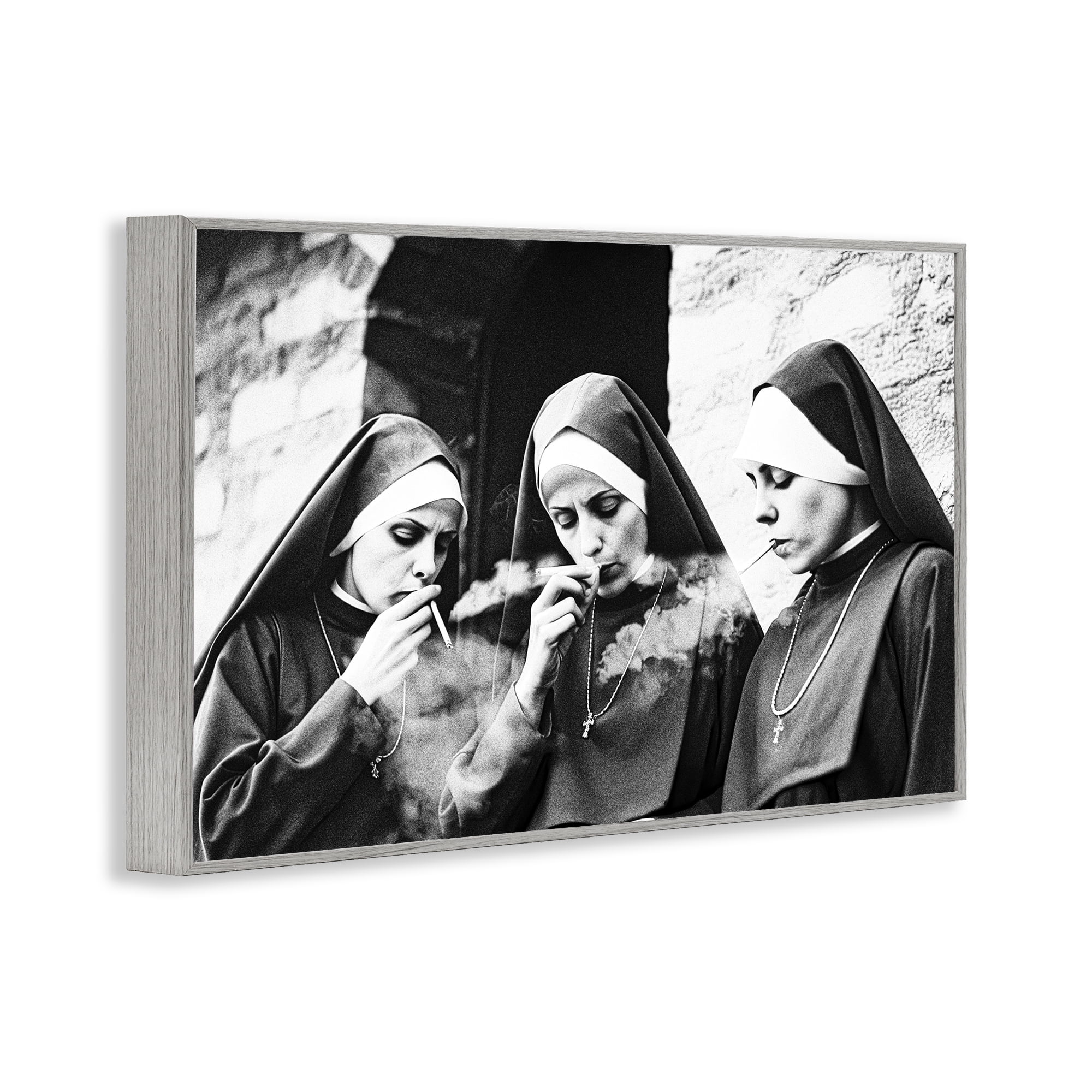 Smoking Nuns Rebellion Gray Framed Giclee Art, design by Decent Exposures