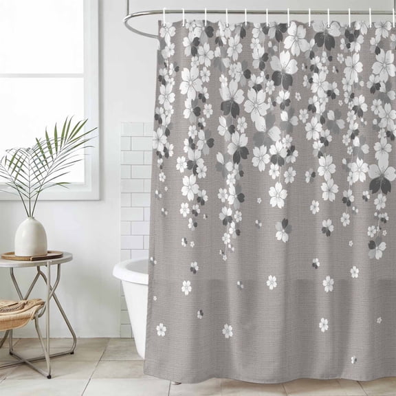 Vintage Floral Small Stall Shower Curtain, Waterproof Shower Curtains for Bathroom, White Cherry Flowers Blossom Spring Gray Washable Fabric Cloth Bath Curtain for Bathtub with Hooks 36x72 Inches