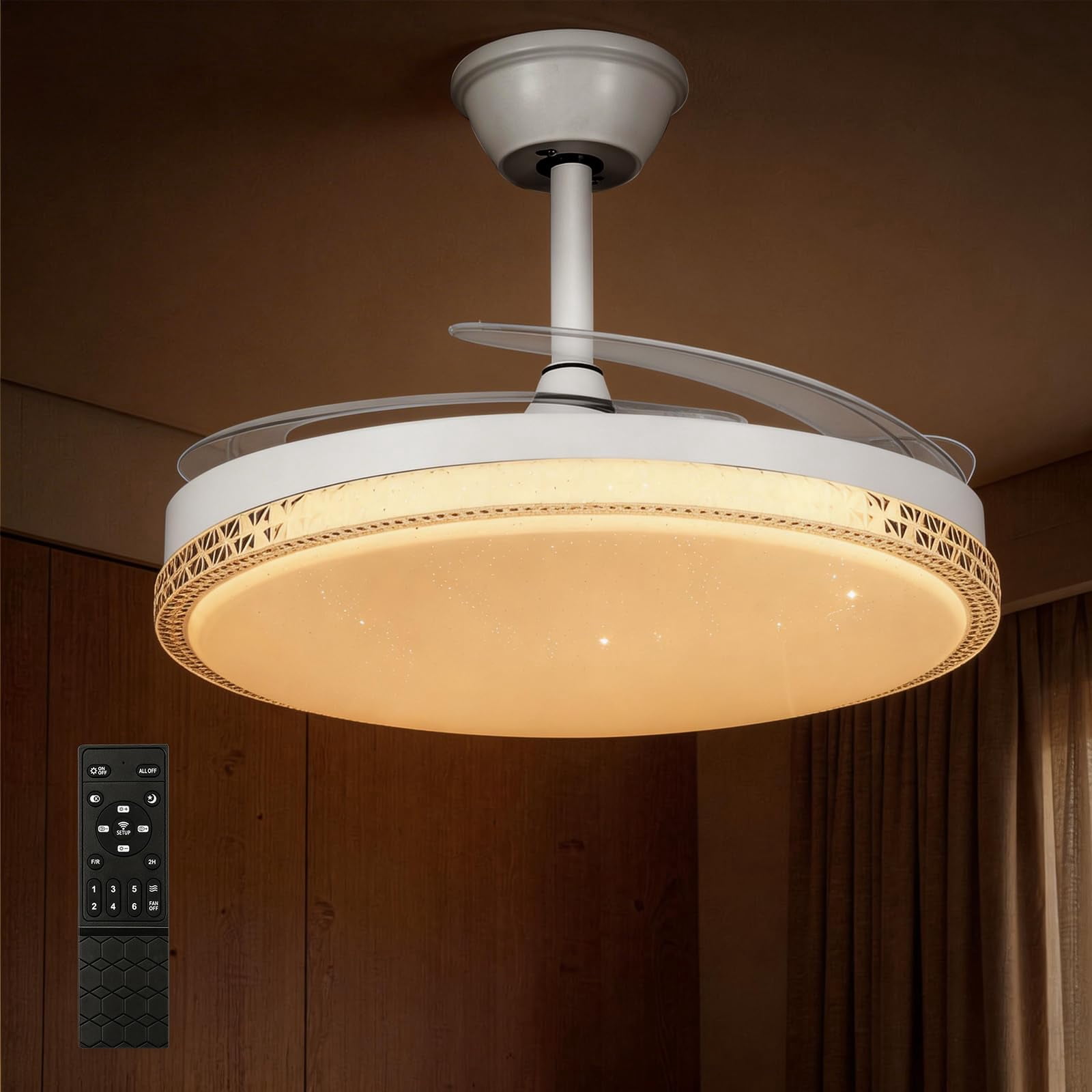 RJFKSNC 42" Retractable Ceiling Fan with Light,Acrylic chandelier, Dimmable LED 3000K-6500K, 6 Speeds, Reversible Motor, Remote & APP Control, for Living Room Bedroom Dining Room