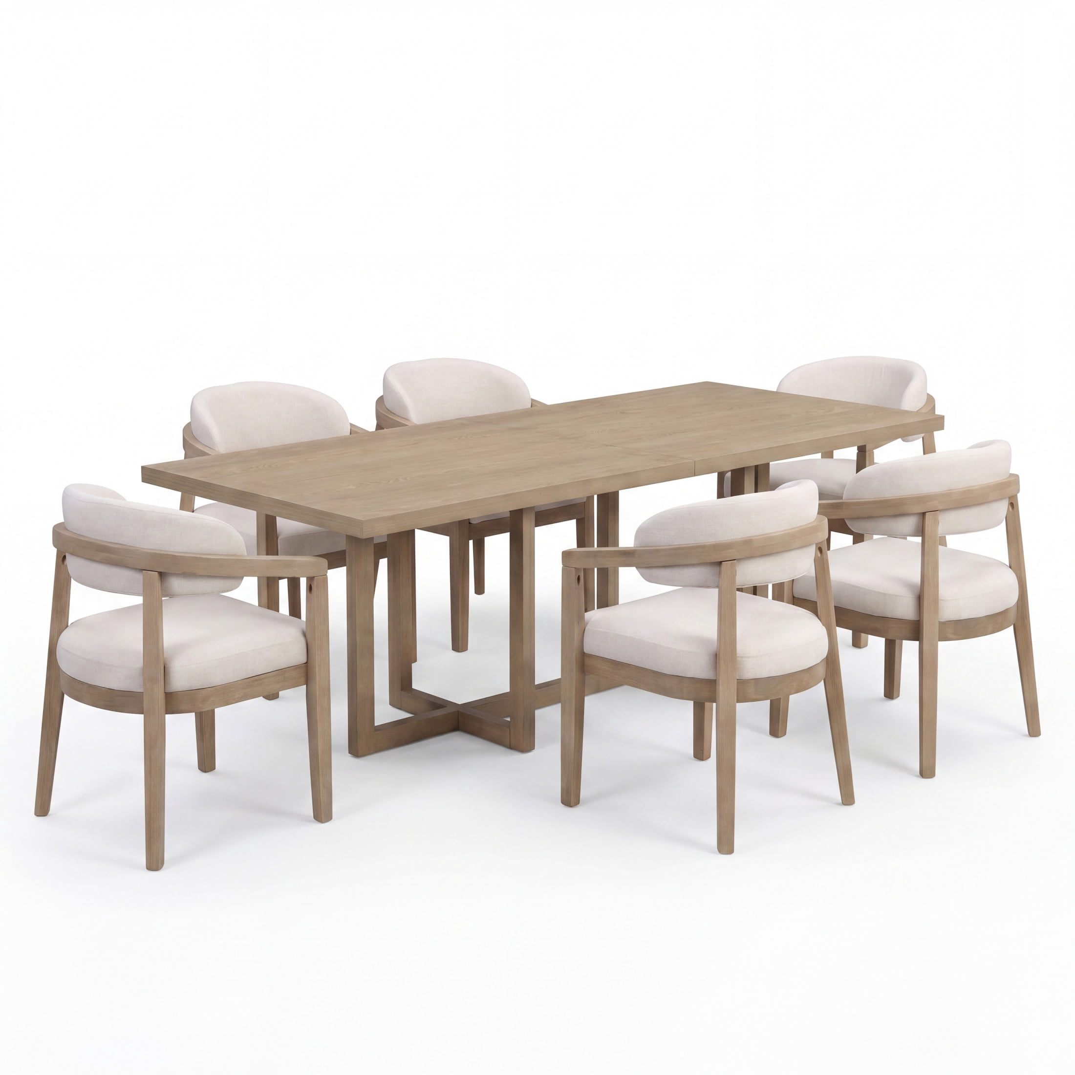 Christopher Knight Home 7-Piece Dining Set, 95" Table with Upholstered Open-Back Chairs, Light Ash+Beige