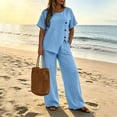 thumbnail image 3 of Two Piece Lounge Sets for Women Fashion Buttons Side Slit Solid Color Round Neck Short Sleeve Tops Elastic Waist Pants Sets Lounge Sets Wide Leg Pants Sets with Pockets, 3 of 7