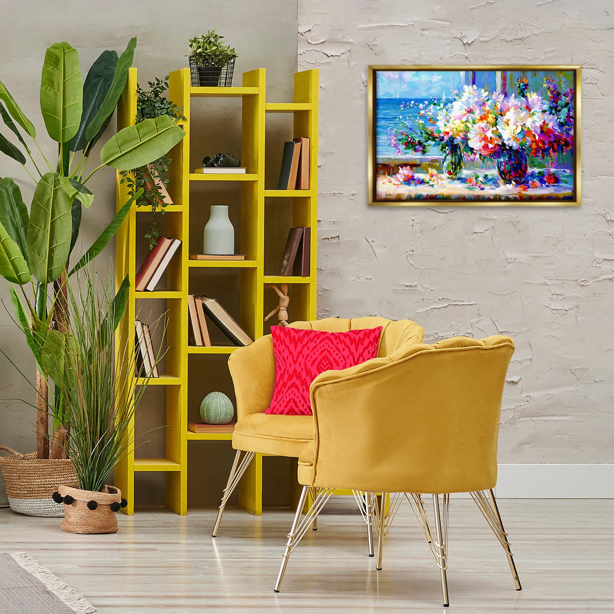 Stupell Industries Blossoms By The Sea Botanical & Floral Painting Gold Floater Framed Art Print Wall Art, 25 x 17