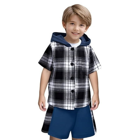 LRen Boy Outfit Size 8 Two Piece Short Sleeve Patchwork Plaid Prints T Shirt Hooded Tops+Shorts Kids Outfits 8-9 Years