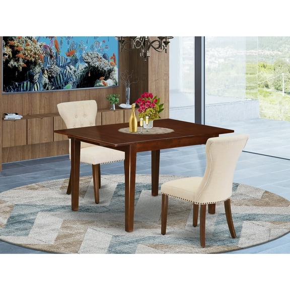 Dining Table Set with 2 Chairs - Linen Fabric Kitchen Set - Rectangular Butterfly Leaf Table - Beige